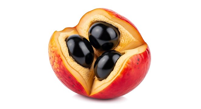 A cut open ackee fruit showing its vibrant red skin and black seeds