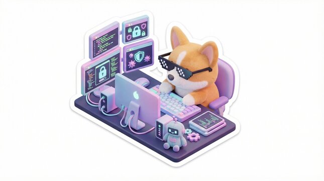 Adorable 3D isometric Kawaii sticker of a corgi dog typing on a hacker computer setup.