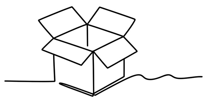 A single continuous line drawing of an open cardboard shipping box on a plain white background.