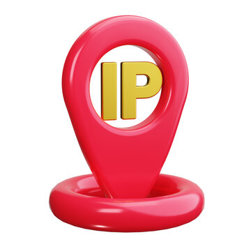 3D red location pin icon with golden IP letters inside, symbolizing internet protocol address and geographic location targeting