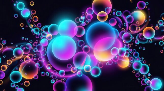 Abstract neon ball pattern with smooth gradient blending and dark background contrast