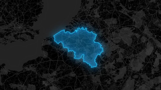 Stylized Blue Neon Glow Map Zoom In Animation on Dark Digital Background - Belgium