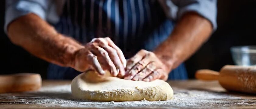 Artisan's Touch: A baker, his hands dusted with flour, kneads dough with skill and precision, embodying the time-honored craft of baking.