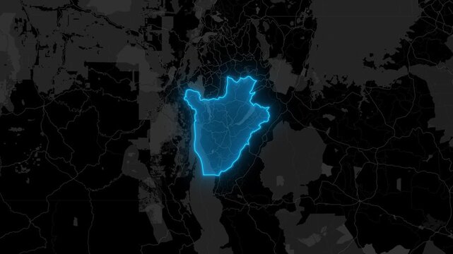Stylized Blue Neon Glow Map Zoom In Animation on Dark Digital Background - Burundi