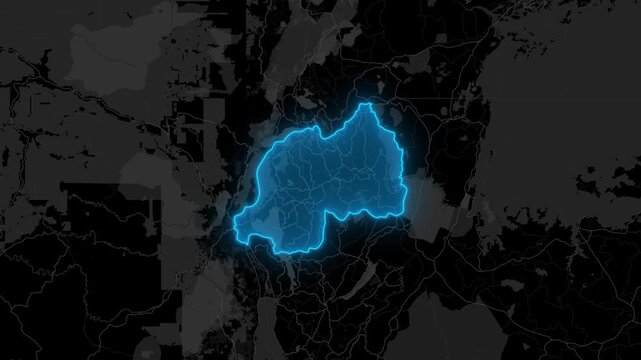 Stylized Blue Neon Glow Map Zoom In Animation on Dark Digital Background - Rwanda