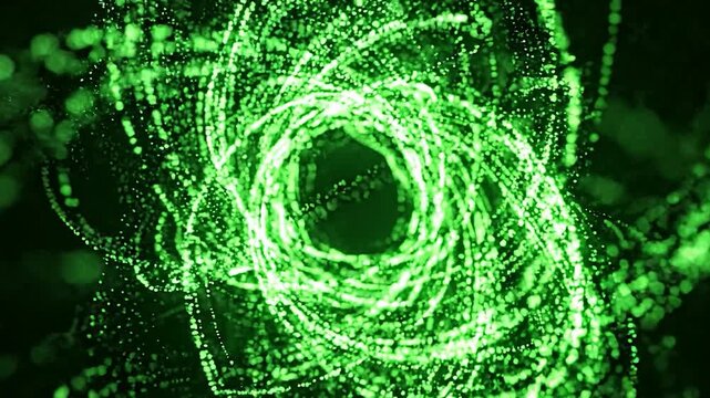 Abstract Green Particle Swirls Motion Background.