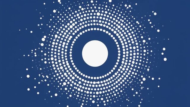 Abstract dark blue background with a large central white circle surrounded by concentric rings of white dots in a geometric radial pattern creating a digital halftone effect.