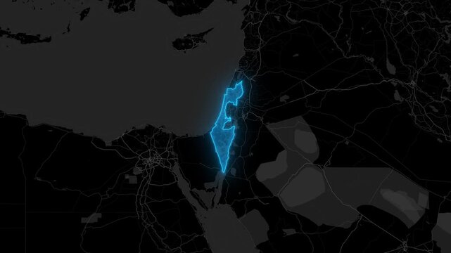 Stylized Blue Neon Glow Map Zoom In Animation on Dark Digital Background - Israel