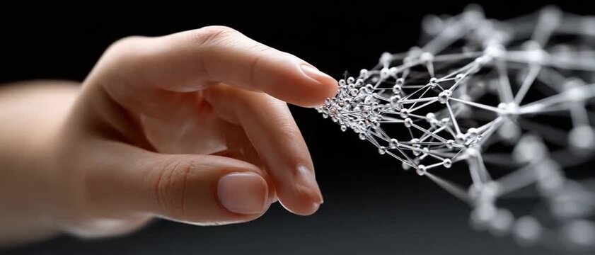 Connection and Innovation: A close-up of a hand gently interacting with a network, representing the synergy of human interaction and technological advancement.
