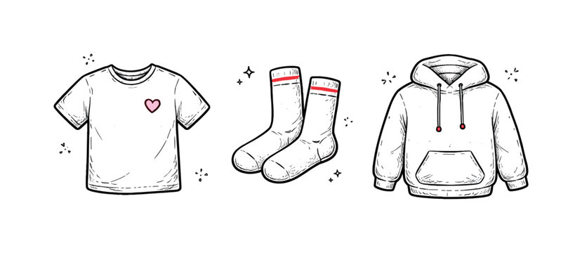 Basic clothing theme  a horizontal row of 3 related hand-drawn objects on a white background: a simple t-shirt with a tiny pink heart on the chest, a