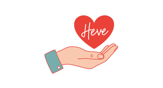 A hand gently holding a red heart with the word "Heve" written on it, symbolizing care and giving.