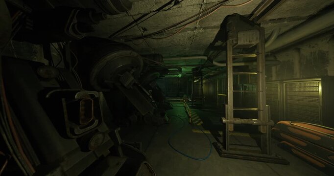narrow engine passage with heavy machinery, flickering green lights, exposed pipes and cables, toolbox and generator visible, damp floors with oil streaks,