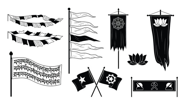 Collection of black and white Buddhist prayer flags and symbols, religious iconography.