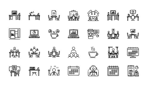 Office and coworking line icon set with thin outline UI icons in flat minimal vector style