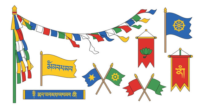 Colorful Buddhist prayer flags and various religious symbols, decorative elements.