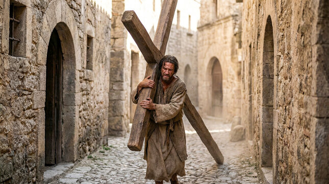 Jes&uacute;s cargando la cruz por una calle antigua, expresi&oacute;n de sufrimiento, hiperrealismo