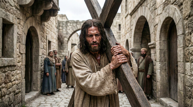 Jes&uacute;s cargando la cruz por una calle antigua, expresi&oacute;n de sufrimiento, hiperrealismo