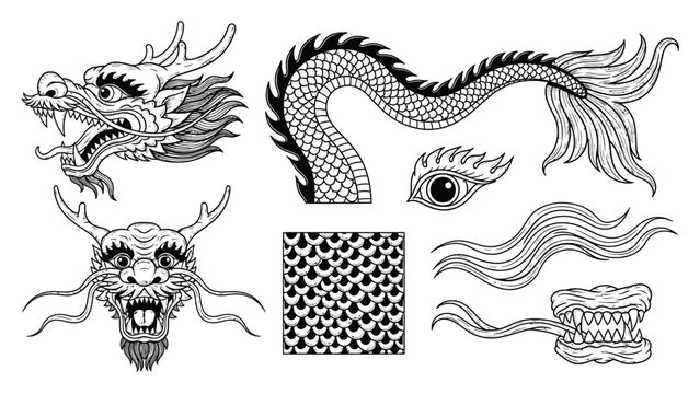 Traditional dragon tattoo elements and oriental mythical creature illustrations with line art details.