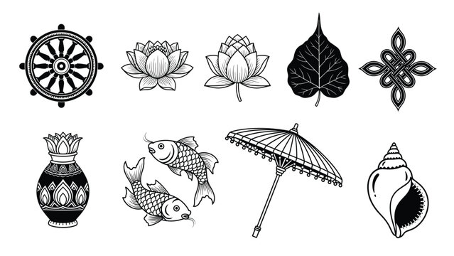 Auspicious symbols and traditional buddhist elements set in black line art illustration.
