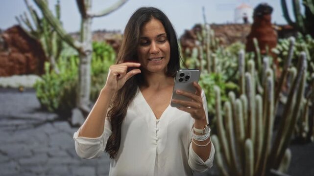 Woman holding smartphone with hand pinching fingers near eye and wearing white blouse among cactus plants on street; curiosity discovery.