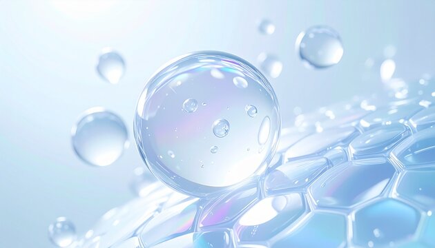 水滴のような美容液が肌に浸透するイメージのスキンケア科学背景 ヒアルロン酸セラミドCICA配合ビジュアル ジェネレーティブAI