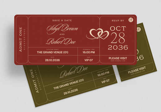 Wedding Invitation Ticket Template, Save The Date RSVP Card, Admit One Pass, Elegant Invite Design