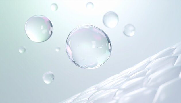 肌に浸透する美容液と水滴バブルが広がる高保湿スキンケア科学背景 セラミドヒアルロン酸CICA成分を想起させるビジュアル ジェネレーティブAI