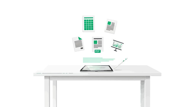 Business data analysis on a desk with a laptop and floating green charts and graphs