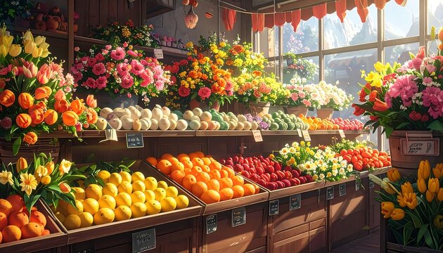 A vibrant market interior with colorful flowers and assorted fruits