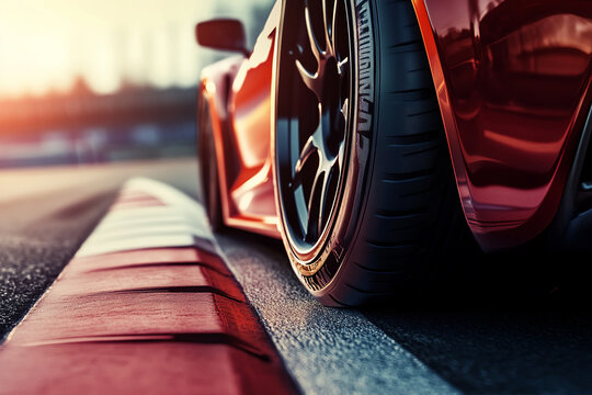 Race car detail highlights superior tire grip on the wet surface. Emphasizes auto technology and speed capabilities.