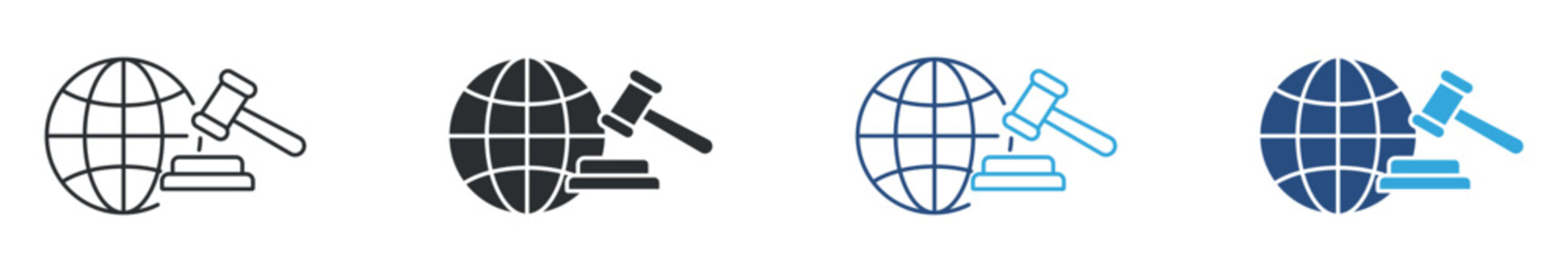 Global Law Icon Set, Justice and Legal Regulation Symbols, International Law and Court Hammer Icons, Vector Illustration