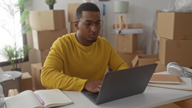 Young man wearing yellow sweater and glasses writing in notebook with laptop at table amid moving boxes in studio; focus planning.