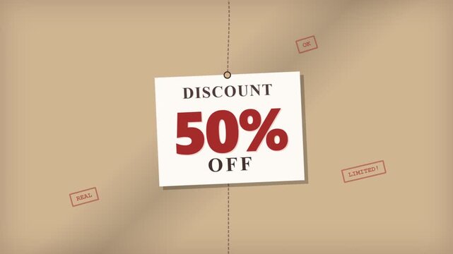 Discount 50 Percent Off Sale Sign Hanging on Cardboard Background.