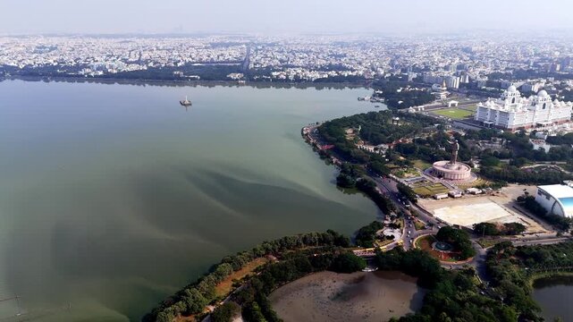 Cinematic footage of Hyderabad's most famous area, the Ambedkar Statue, and the Dr. B.R. Ambedkar Telangana Secretariat built after the bifurcation of Andhra Pradesh to form the new state of Telangana
