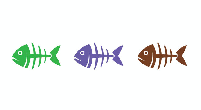 Three colorful stylized fish skeletons arranged in a row against a white background, representing a simple graphic