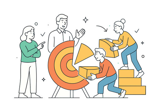 A goal decomposition and step by step execution scene showing a small team breaking down objectives around a large target and segmented blocks, using