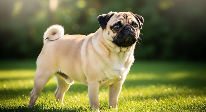 Adorable pug standing on green grass in sunny garden