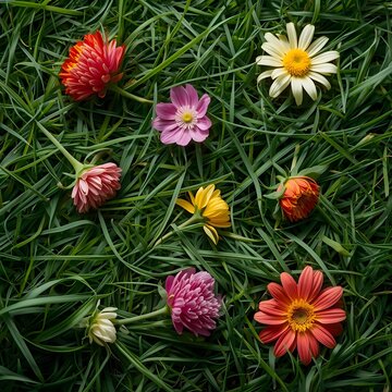 Various colorful daisy like flowers scattered across lush green grass, close up studio shot with natural lighting, representing spring and summer.