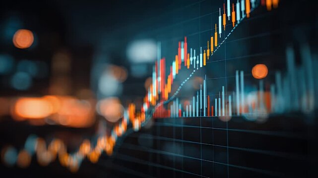 Dynamic financial chart motion graphic showing upward trend on dark blurred city background with bokeh lights, data analysis, stock market growth, economic progress, digital screen display footage.