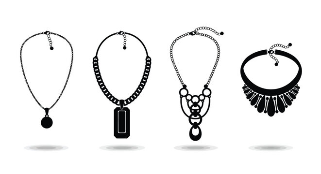 Four black and white necklace designs presented in a linear arrangement