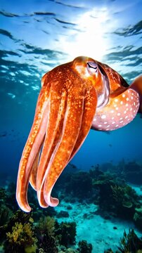 Majestic Cuttlefish Swims Gracefully Above Coral Reef Under Sunlight.
