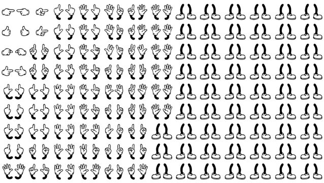 Retro cartoon legs and hands, Hands with gloves and feet with boots, various poses for characters, a set of poses, gestures, placement of hands and feet. Mascot character set.	
