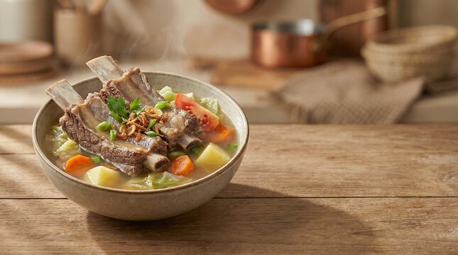 Steaming hearty beef short rib soup with tender meat, potatoes, carrots, and herbs, served on a rustic wooden table for a comforting meal