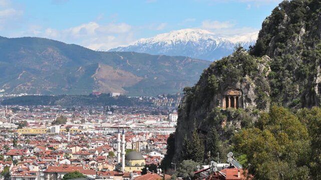 Amyntas rock tomb overlooking the city of Fethiye, Turkey