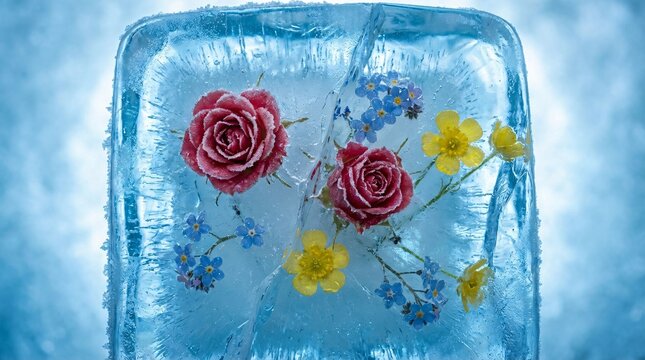 Frozen glacial ice containing perfectly preserved summer flowers clearly depicts the emotional stagnation of a heart unwilling to move on.