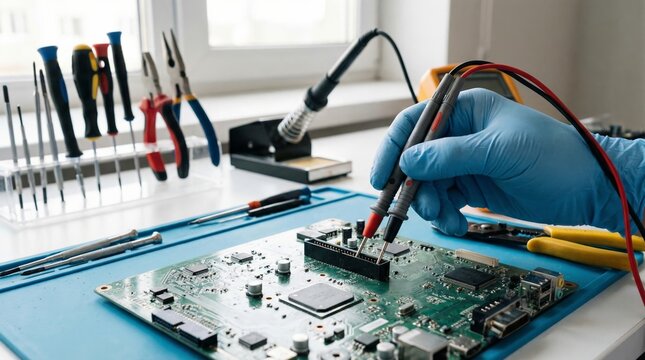 Technician wearing blue gloves tests electronic circuit board with multimeter on workbench surrounded by tools and equipment in a bright workspace