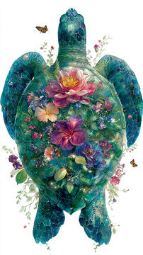 Majestic green sea turtle with garden flowers and butterflies on its shell