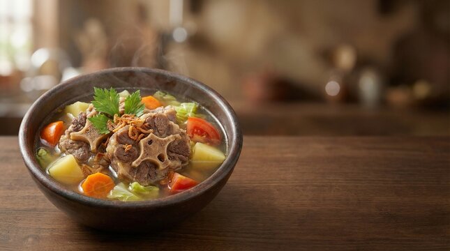 Hearty and comforting oxtail soup, brimming with tender braised meat, potatoes, carrots, and fresh greens, served hot in a bowl on a rustic wooden surface, exuding warmth and rich flavor
