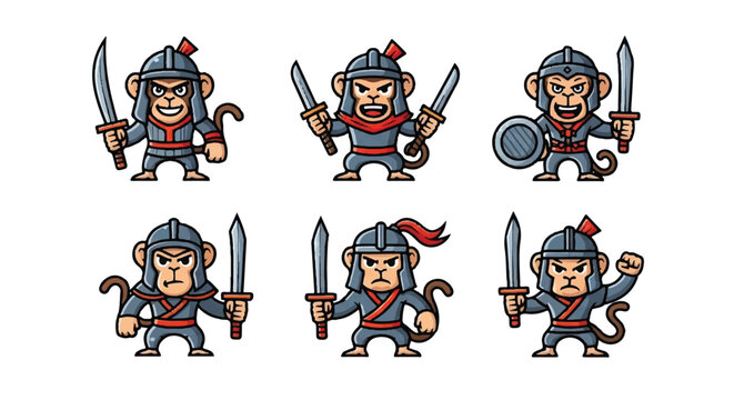 Cartoon warrior monkey characters set with weapons isolated