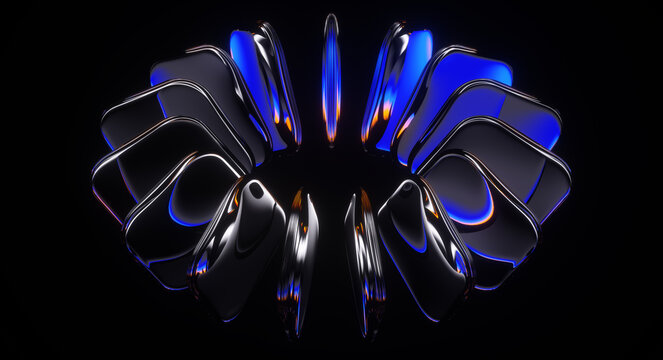 Abstract colorful glass shapes on a black background. 3d render.